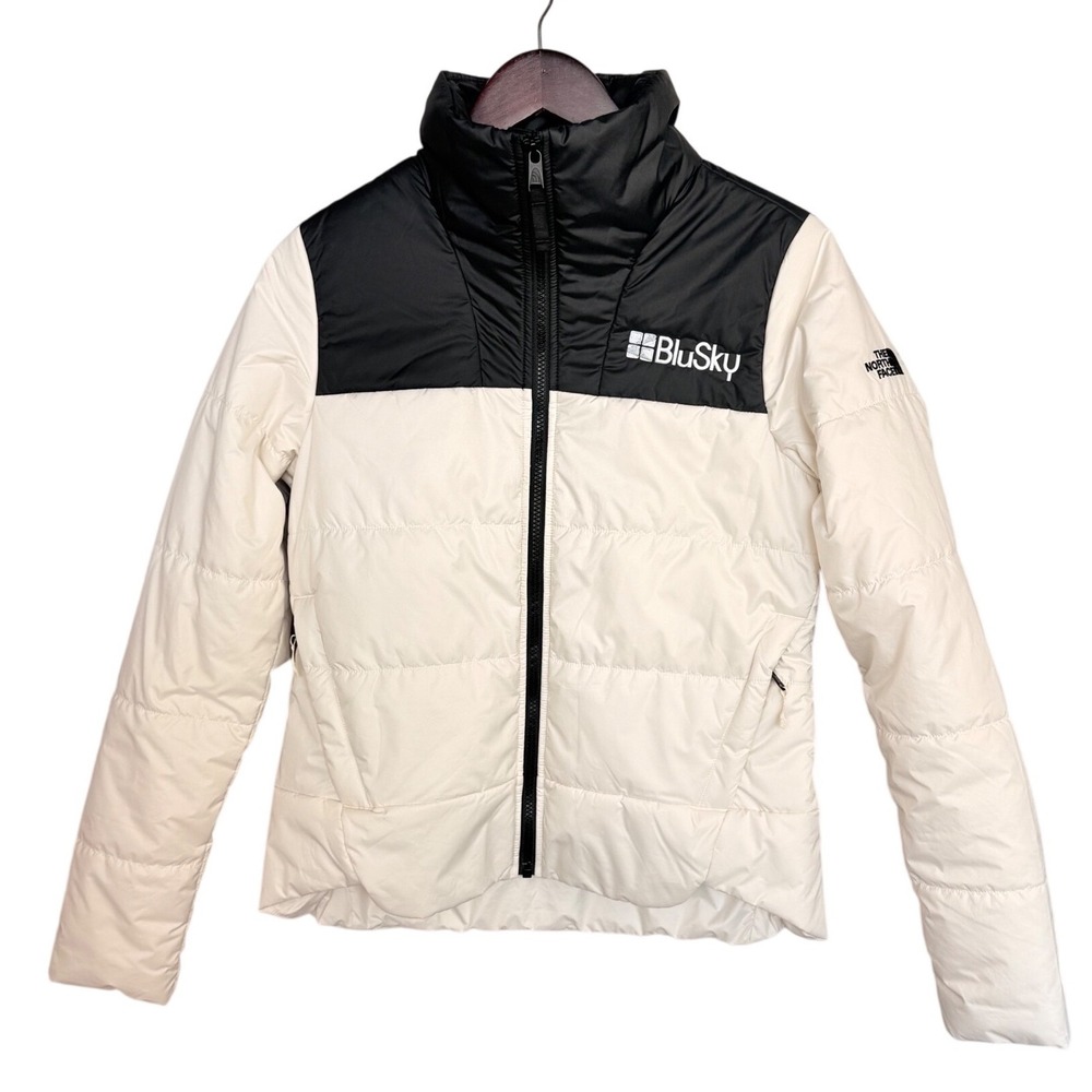The North Face White Black‎ Puffer Jacket Womens Small BluSky Logo Full Zip Coat
